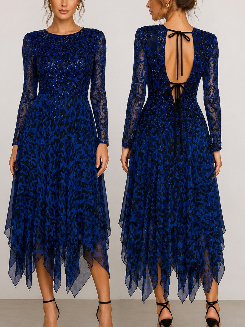 AJ Bari Blue/Black Leopard Print Glitter Chiffon Handkerchief Hem Dress, 10